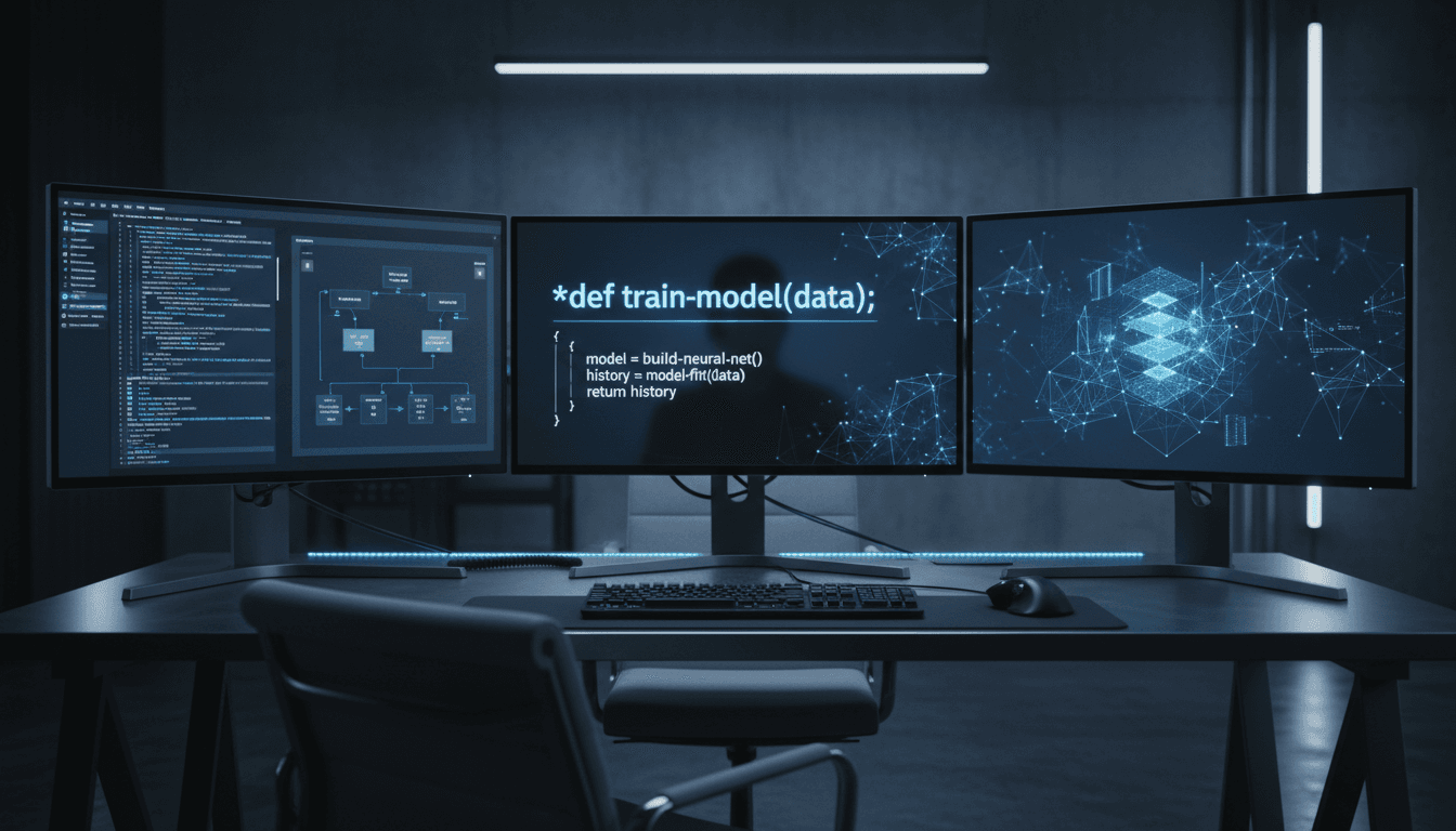 Multi-monitor development setup showing AI and machine learning code