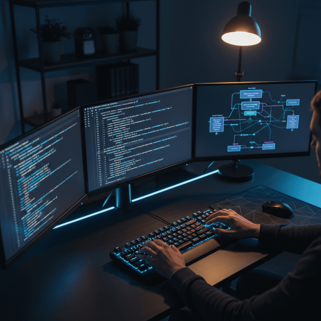 Developer workspace with code and AI visualizations on monitors
