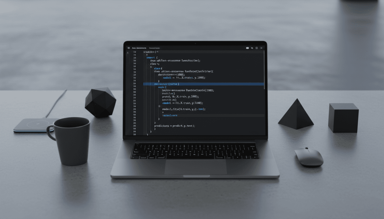Machine learning code on laptop screen in minimalist workspace