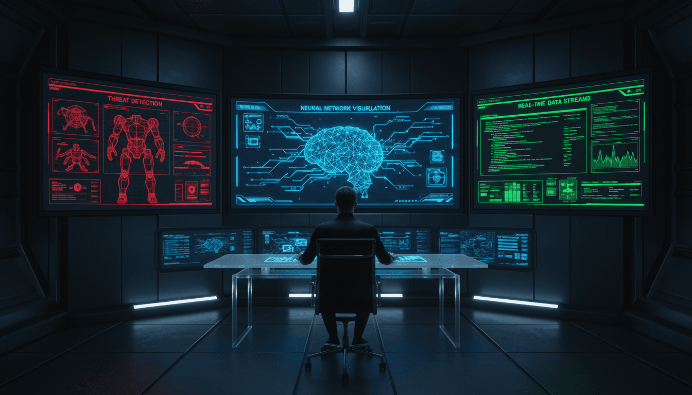 AI security monitoring dashboard with threat detection systems and neural network visualizations across multiple screens