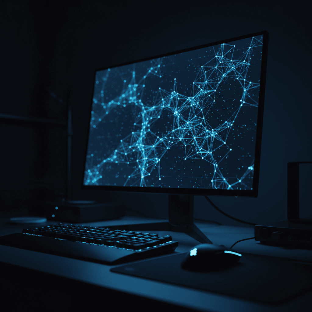 Neural network visualization on monitor showing AI system architecture
