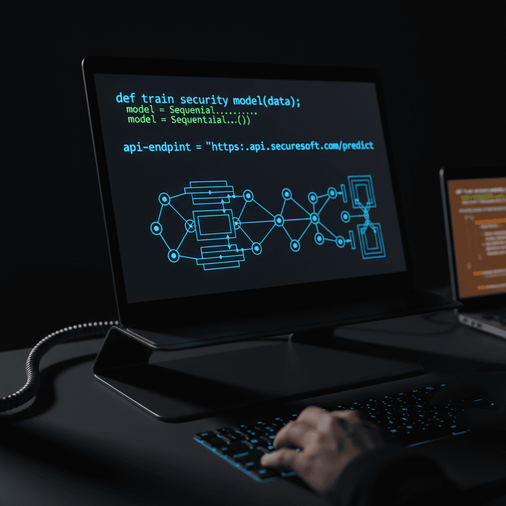 Python code and machine learning algorithms displayed on a laptop screen with electric blue accents