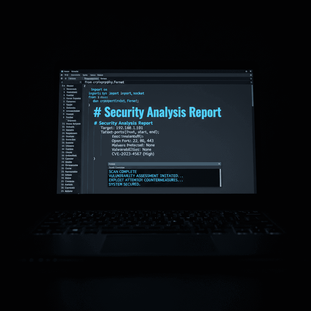 Python code with blue syntax highlighting on dark laptop screen